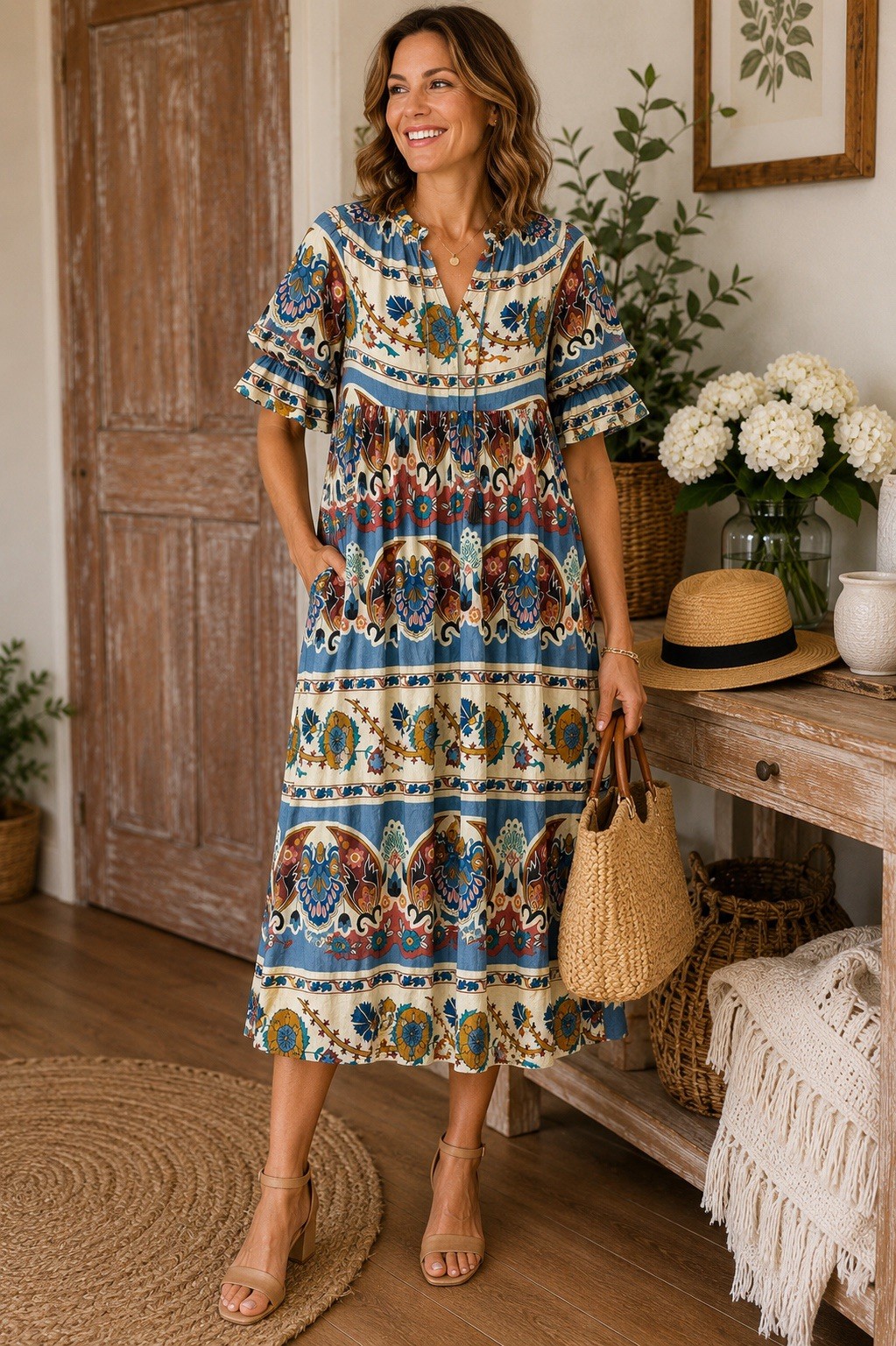 Umgee Blue Beige Floral Boho V-Neck Ruffle Short Sleeve Lined Midi Dress S