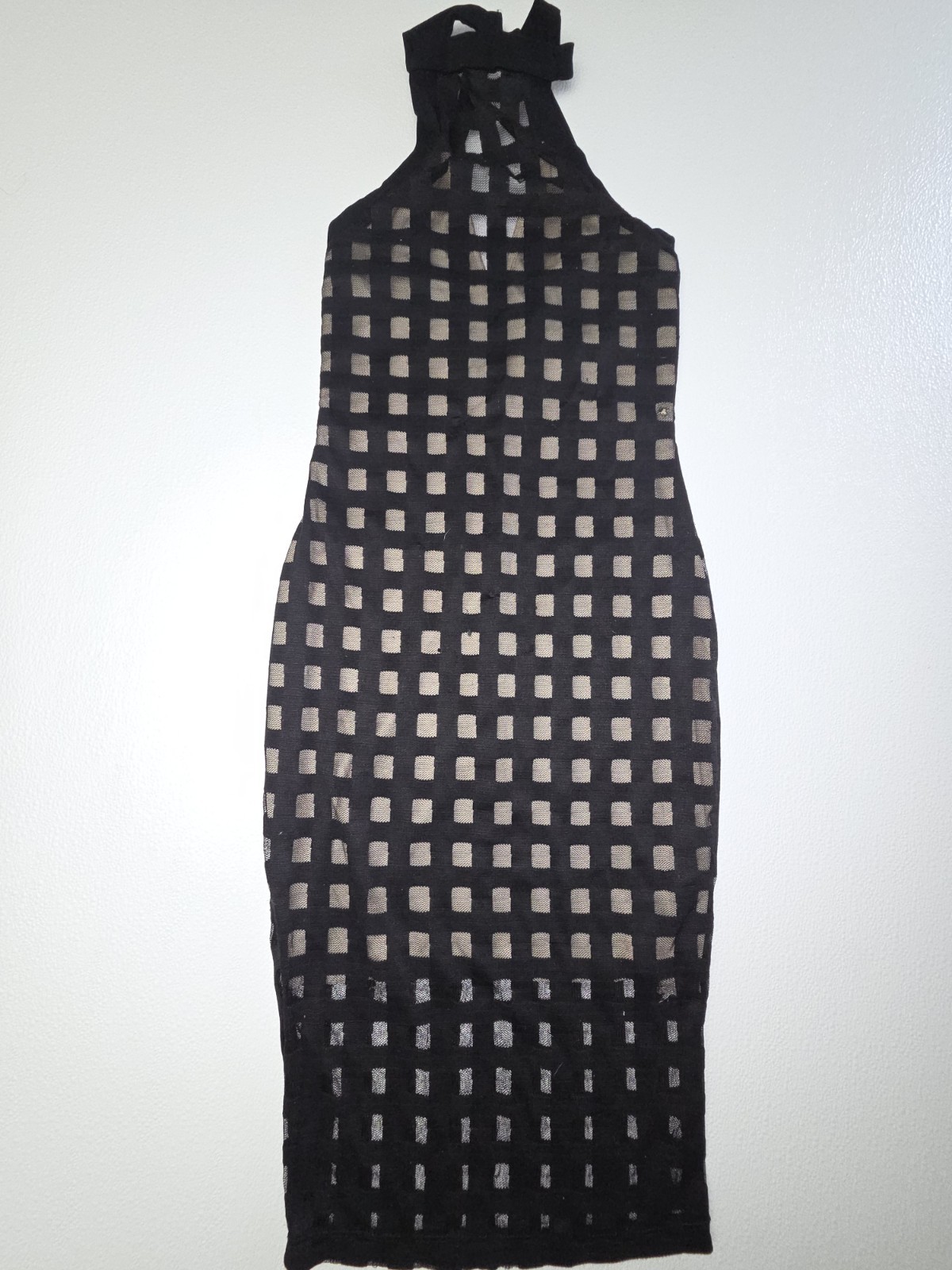 Fashion Nova Black Beige Mesh Geometric Halter Bodycon Midi Dress Sheer Cut-Out