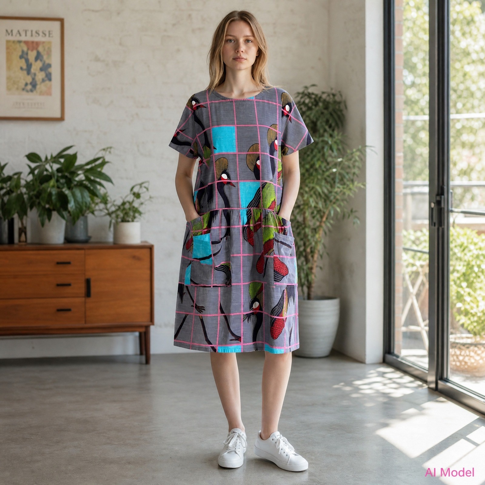 Unbranded Crane Print Dress Womens XL Grey Pink Art To Wear Drop Waist Midi