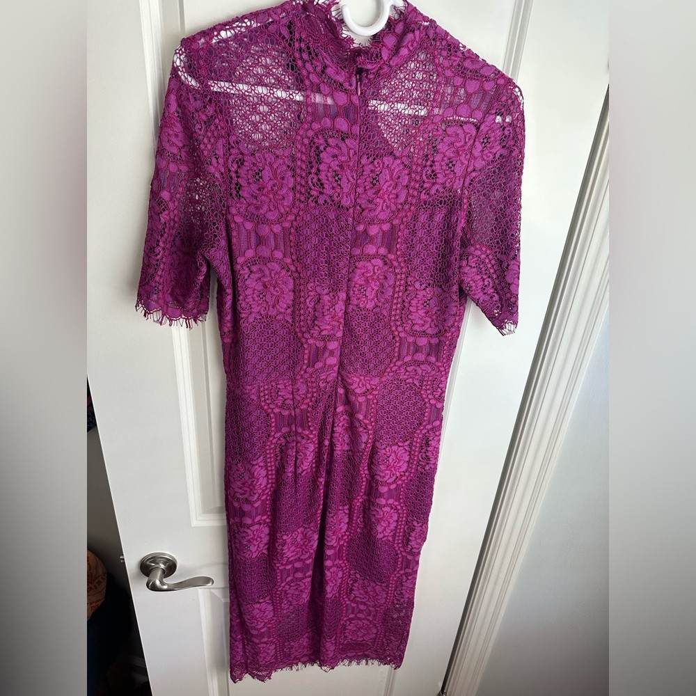 Alexia Admor Magenta Lace Midi Dress with High Lace Neck and Short Sleeves