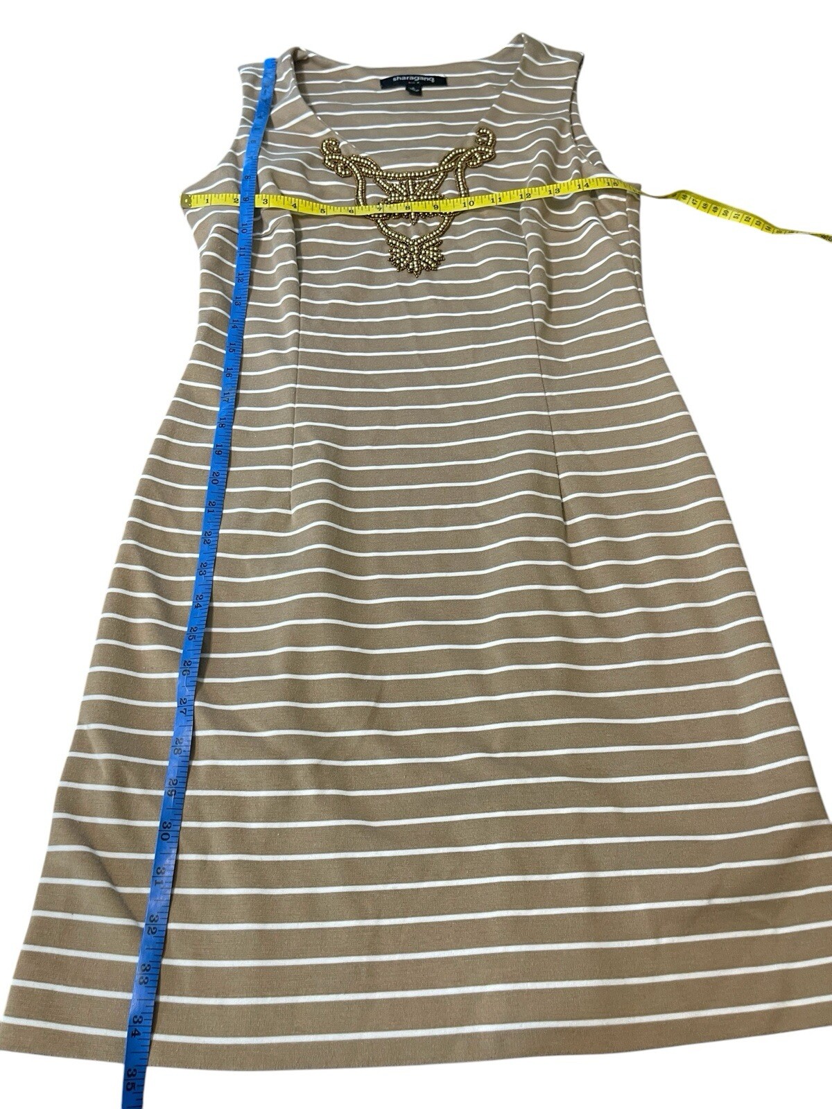 SHARAGANO Women’s Size 8 Tan Striped Dress with Beaded Embellishment