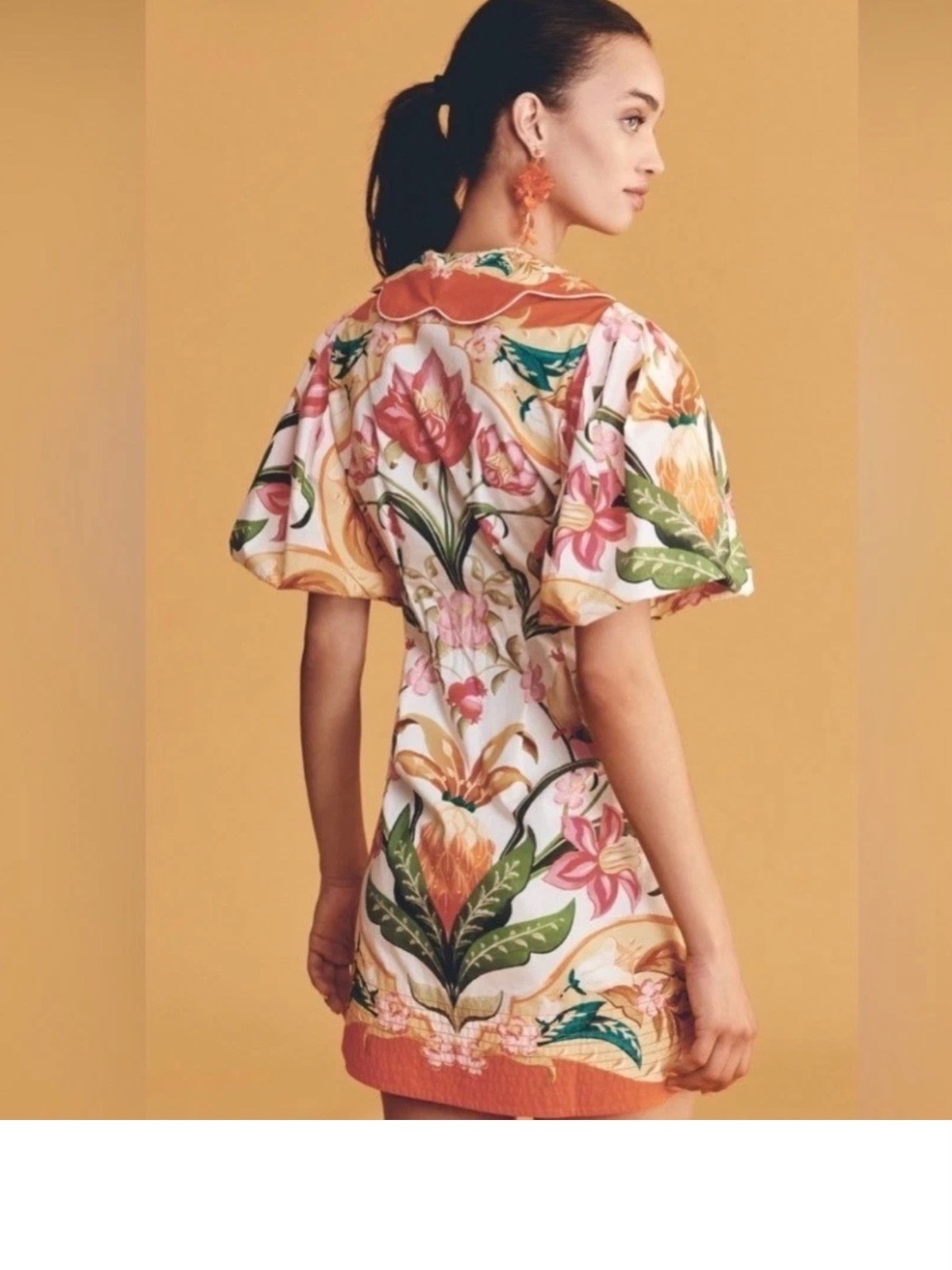 New Farm Rio Talita Floral Puff Sleeve Mini Dress Orange Button Front sz S