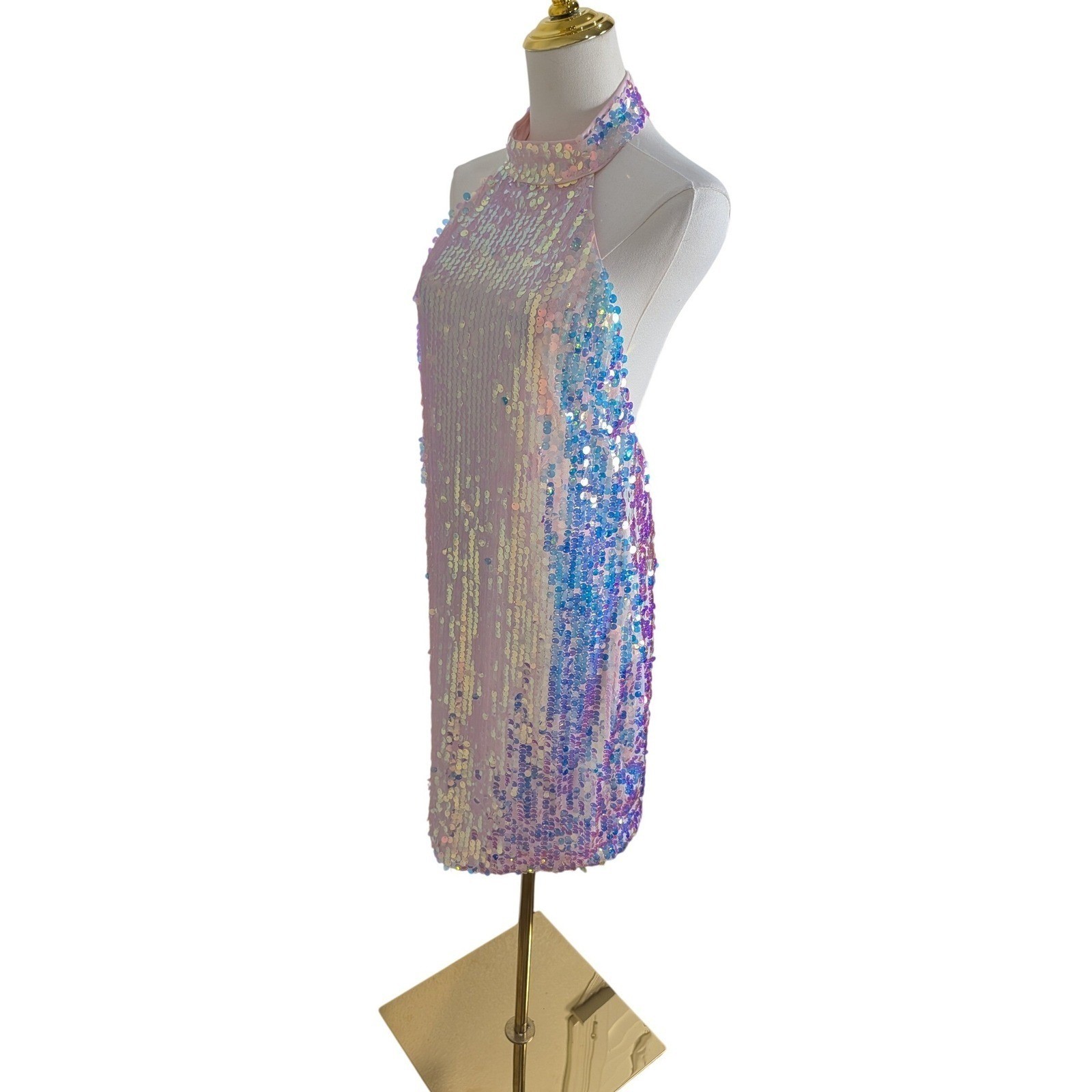 Altar’d State Opal Sequin Mini Dress L Halter High Neck Iridescent Mermaid Party
