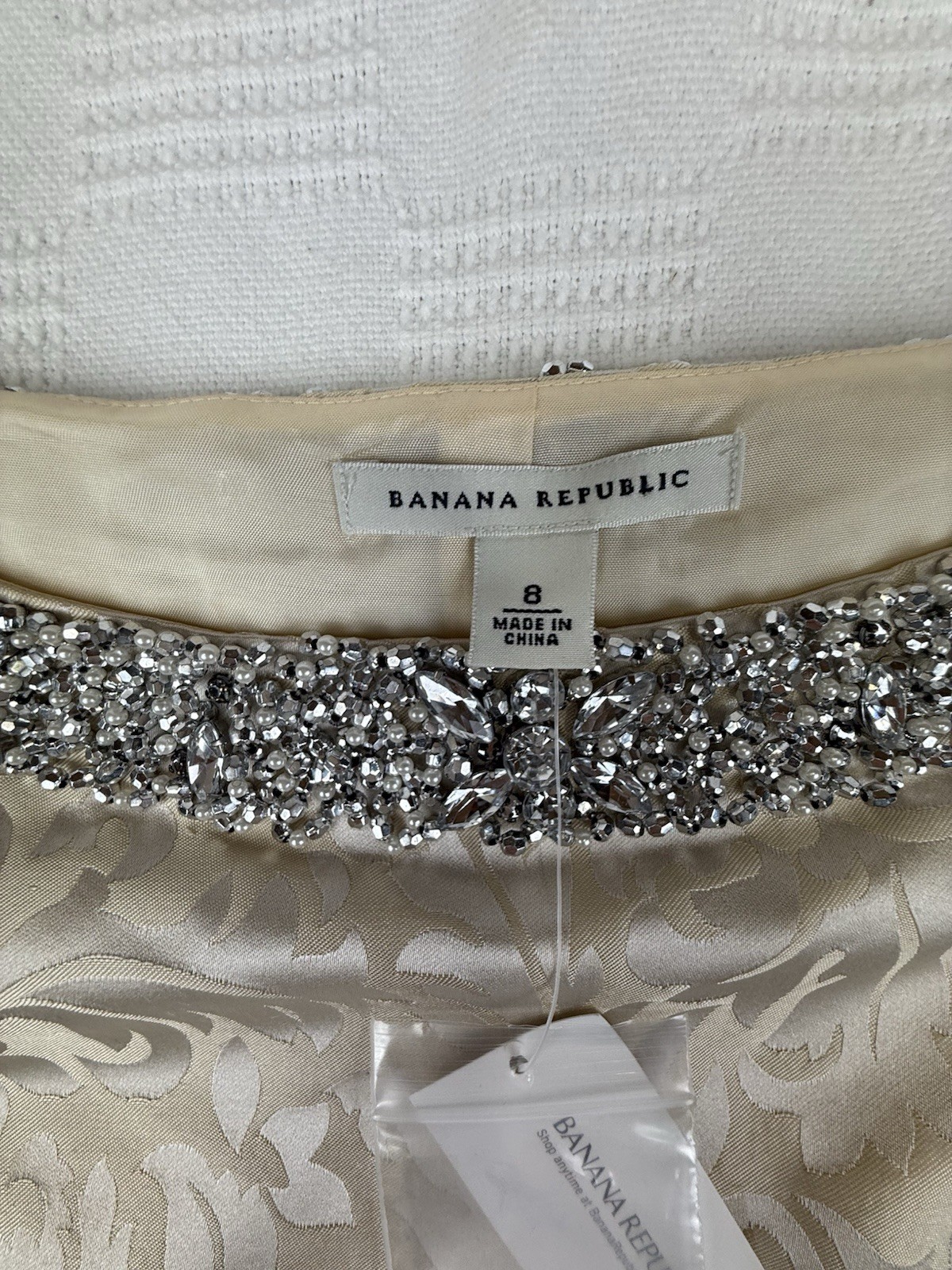 NWT BR Vintage-Inspired Womens Silk Cream Beige Dress Rhinestone Neck 8 Jacquard