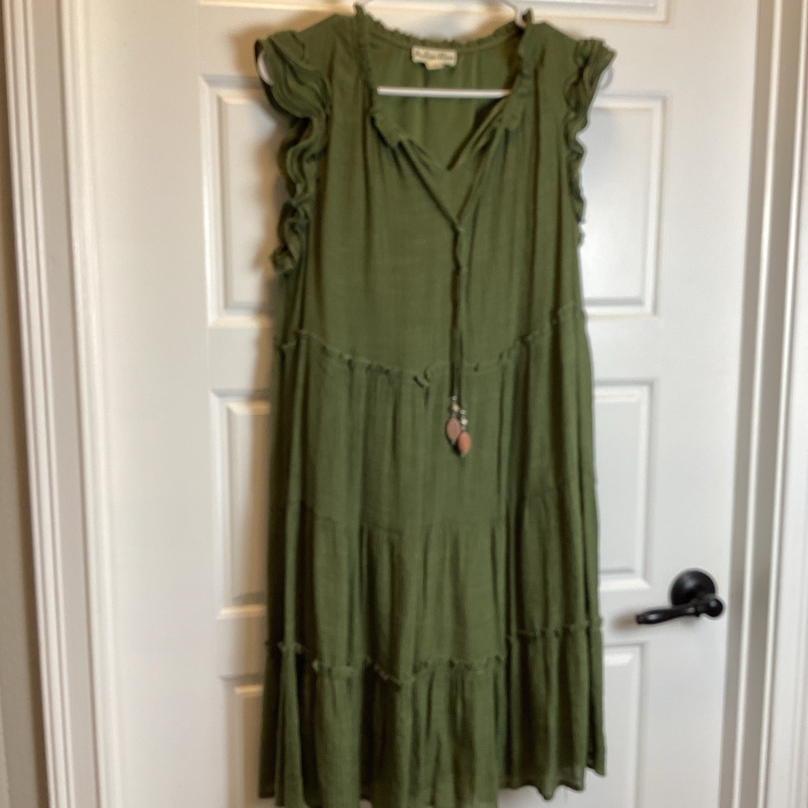 Indigo Rose GAUZY Dress Green Large FLUTTER SLEEVE RUFFLE SIZE LARGE