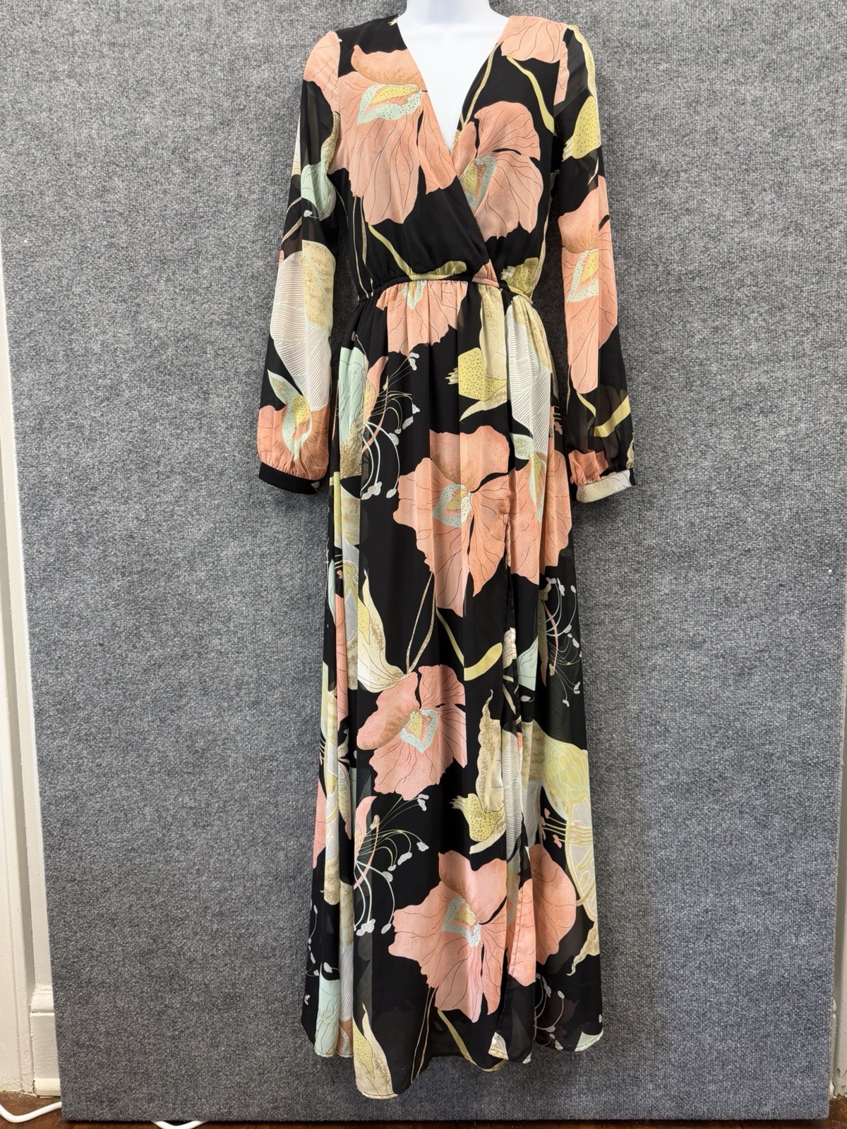 Lulu Black And Pink Flower Dress With Front Slit