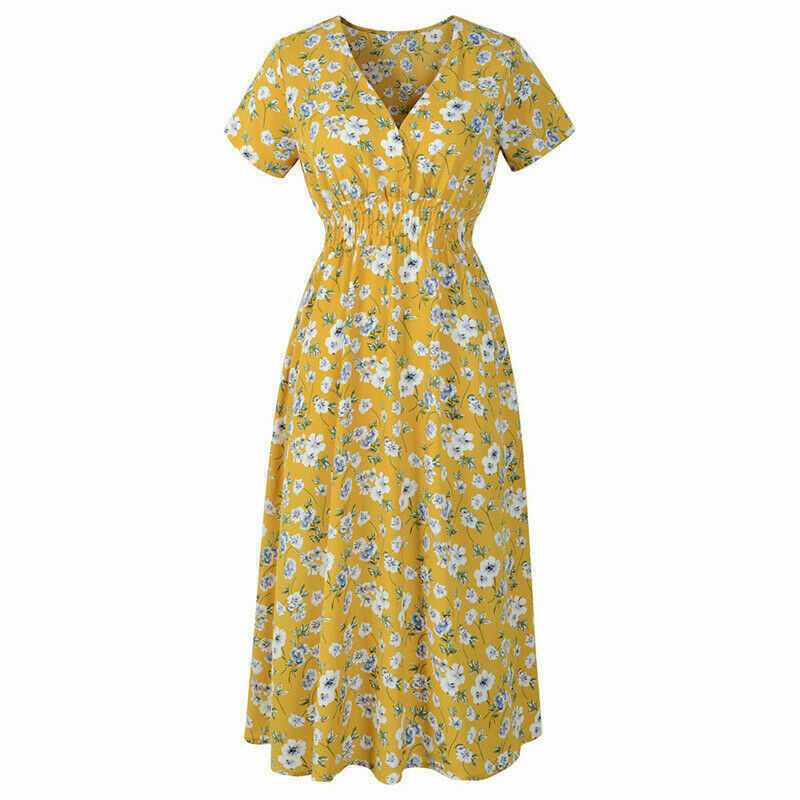 Women V-Neck Boho Floral Midi Dress Short Sleeve Summer Beach Casual Sundress