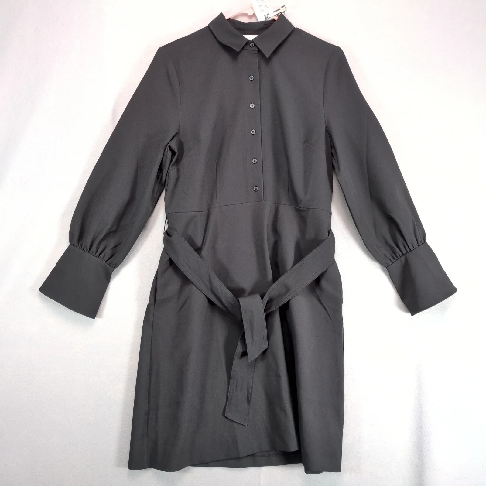 Lark & Ro Black Tie Waist Long Sleeve Shirt Dress Sz 6 Stretch Big Cuffs Career