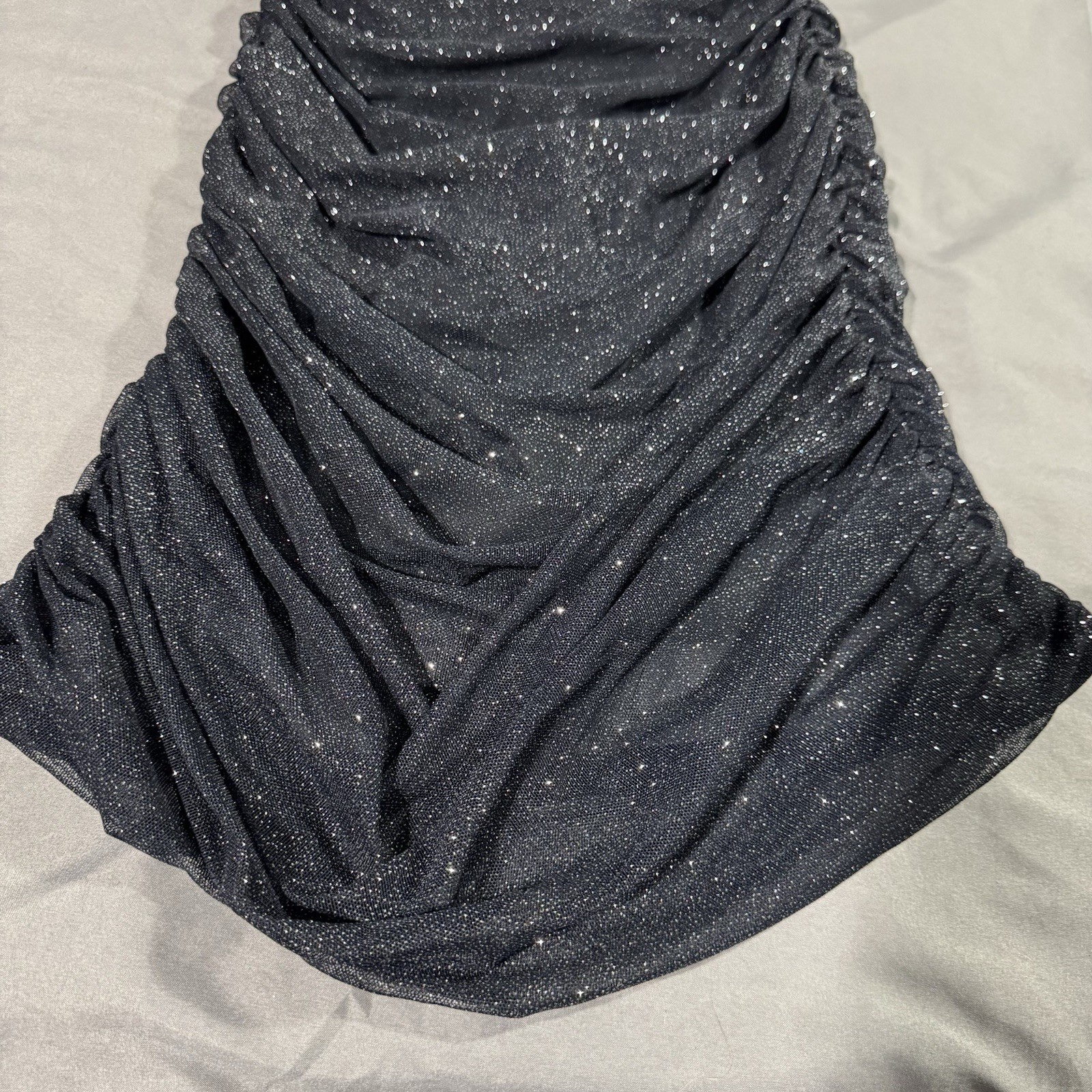 Pear Culture Ruched Glitter Tube Dress Stretch Sz L Lined Straps Black Silver