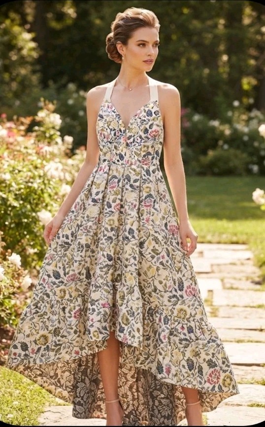 Bebe Jaquard High Low Ball Gown