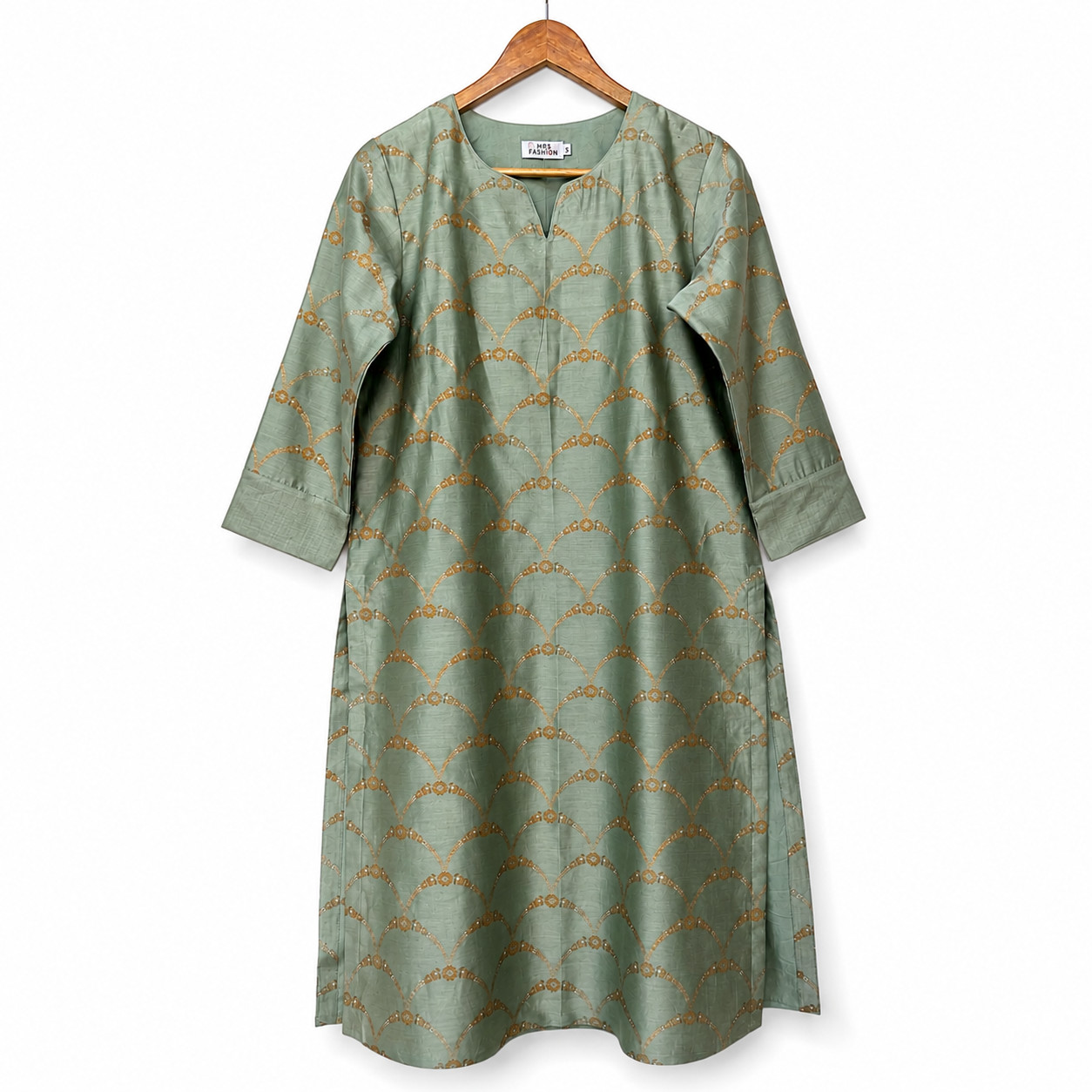 Women Chanderi Silk Gold Floral Printed Cotton Lining 34 Cap sleeve Kurta dress