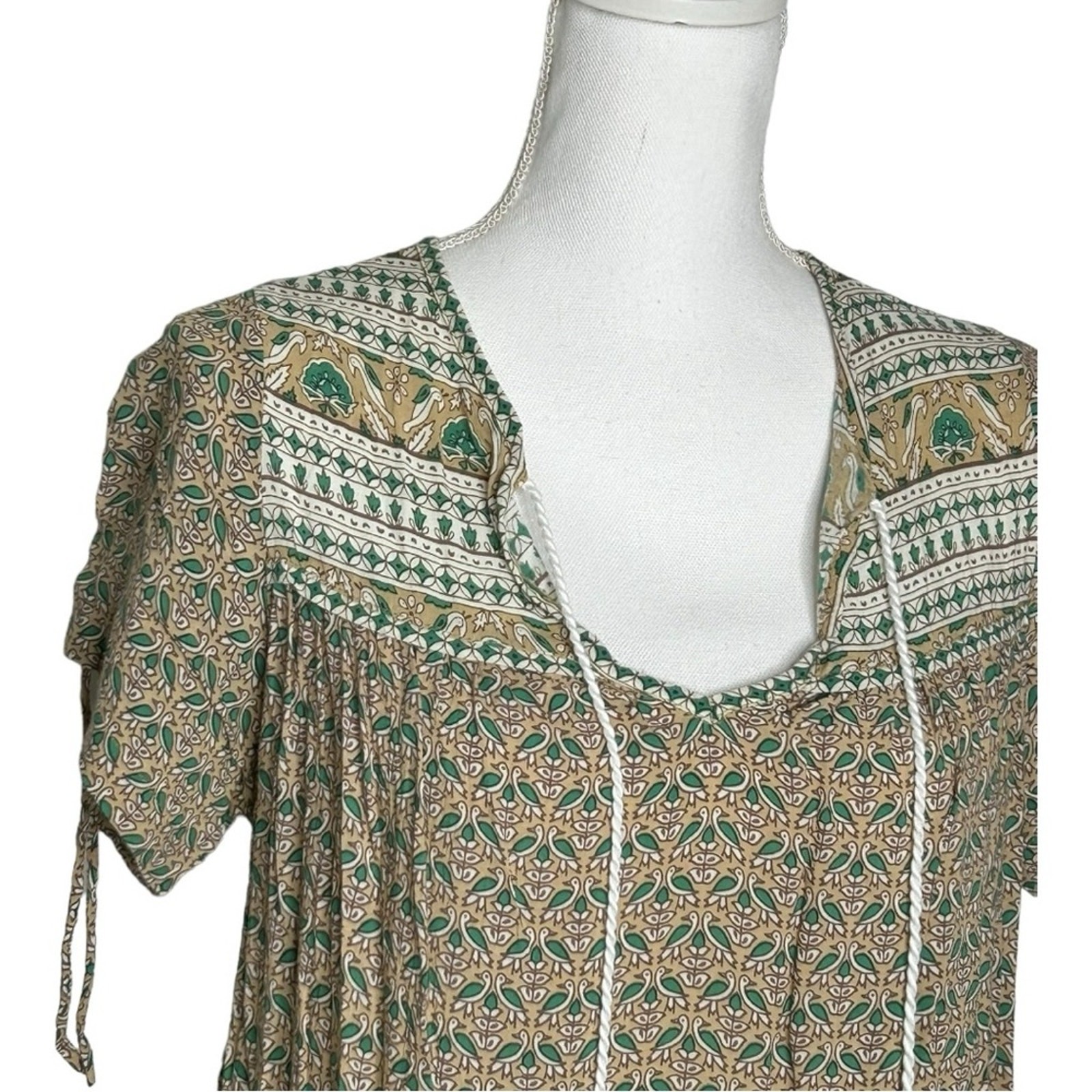 Faithfull The Brand Tunic Dress Bird Print Boho Green Tan XS