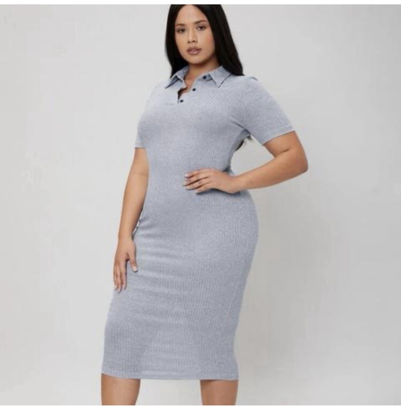 Women Ribbed Knit Sweater Dress Sz 3X Bodycon Collared Short Sleeve Midi SHEIN