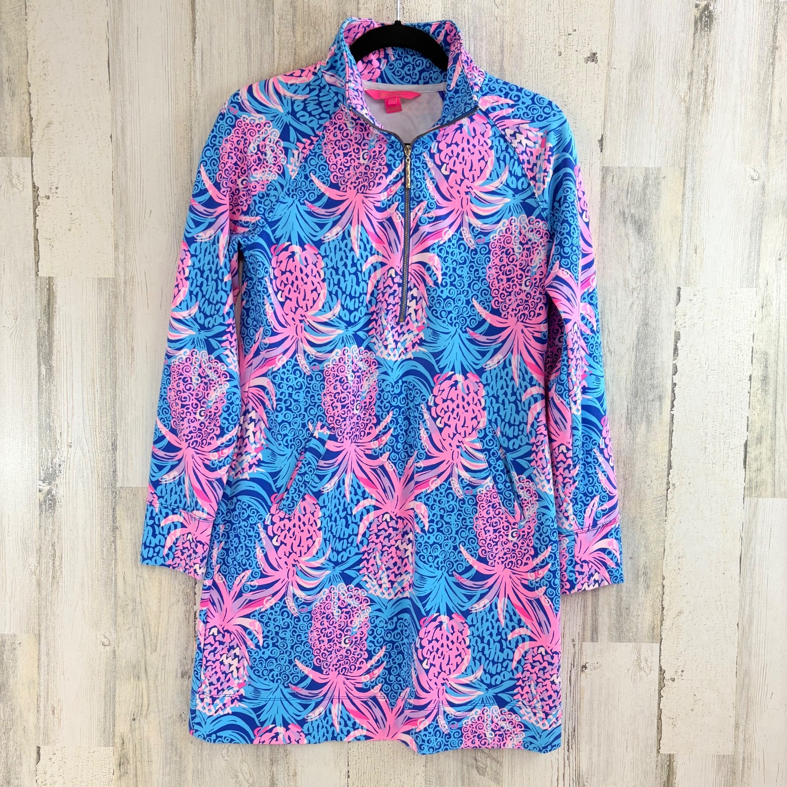 Lilly Pulitzer UPF 50+ Skipper Ruffle Dress in Blue Tropic Down Low Pineapple S