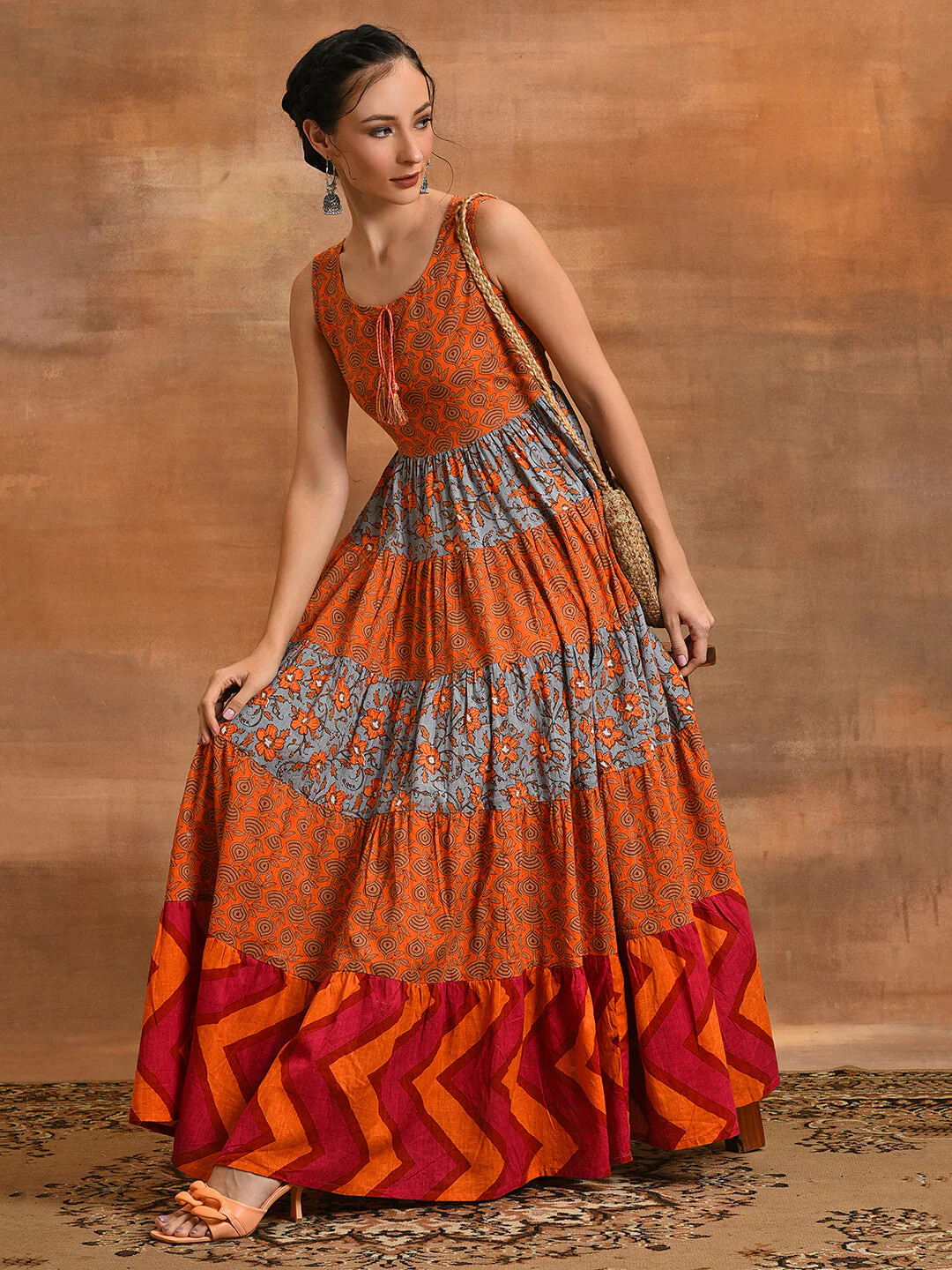 Orange & Grey Floral Print Flared Maxi Dress, Women Indian Layered Long Kurta
