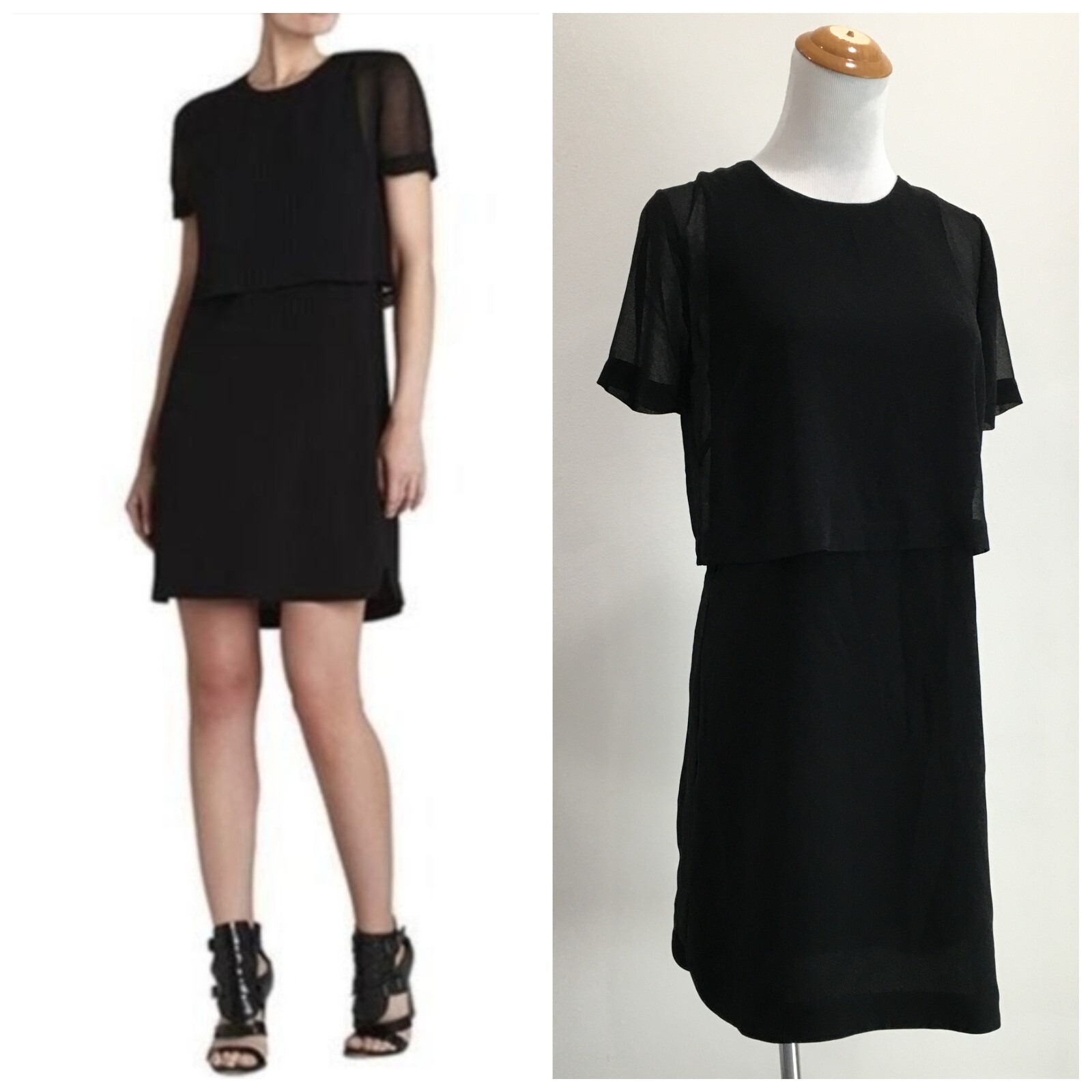 BCBGMAXAZRIA Black KRISTY Overlay Split Back Short Sleeve Dress Womens sz XS