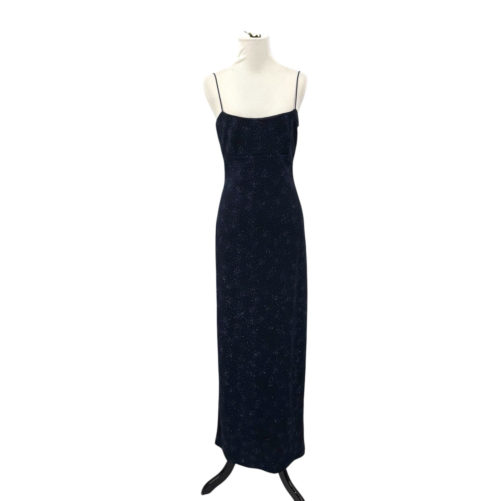 Y2K Maxi Dress Vintage Sz M Midnight Blue Sparkle Slinky Slit Strappy Empire