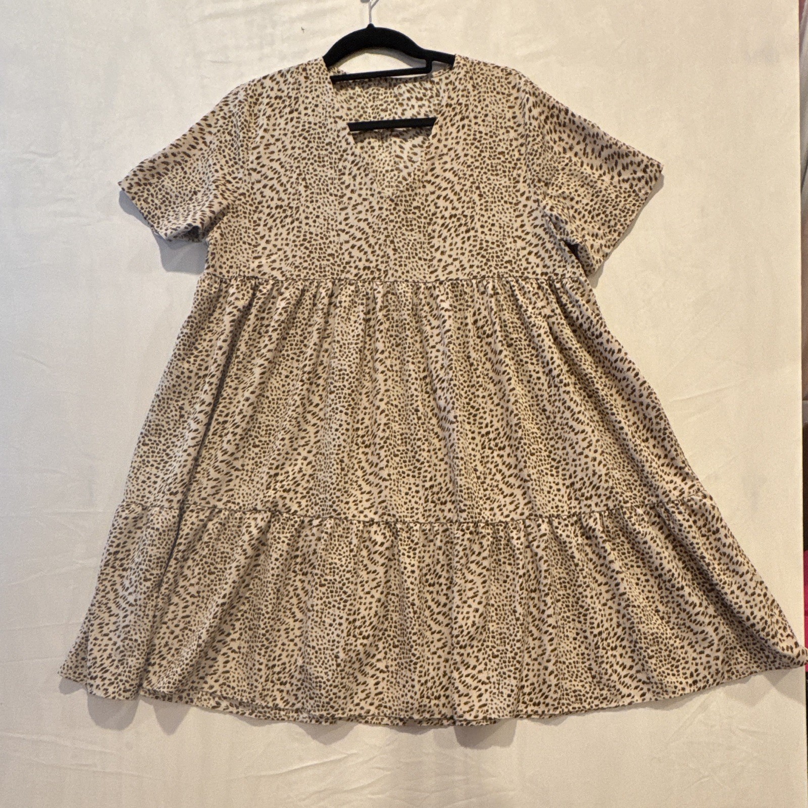 Women’s Beige Black Leopard Animal Print V-Neck Cap Sleeve Babydoll Mini 2XL