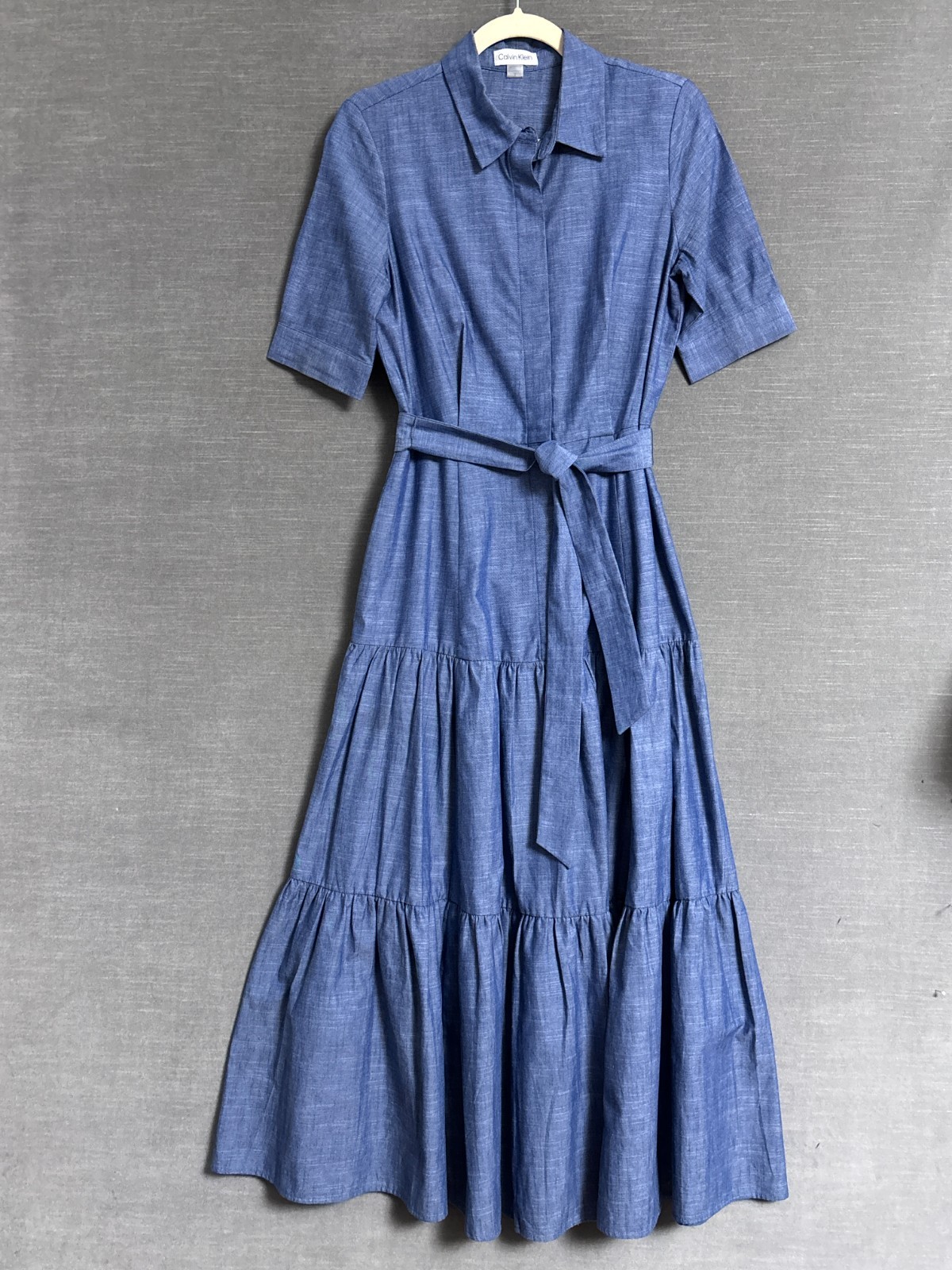 Calvin Klein 2 Blue Shirt Button Tiered Midi Belted Preppy Coastal Cotton Pocket