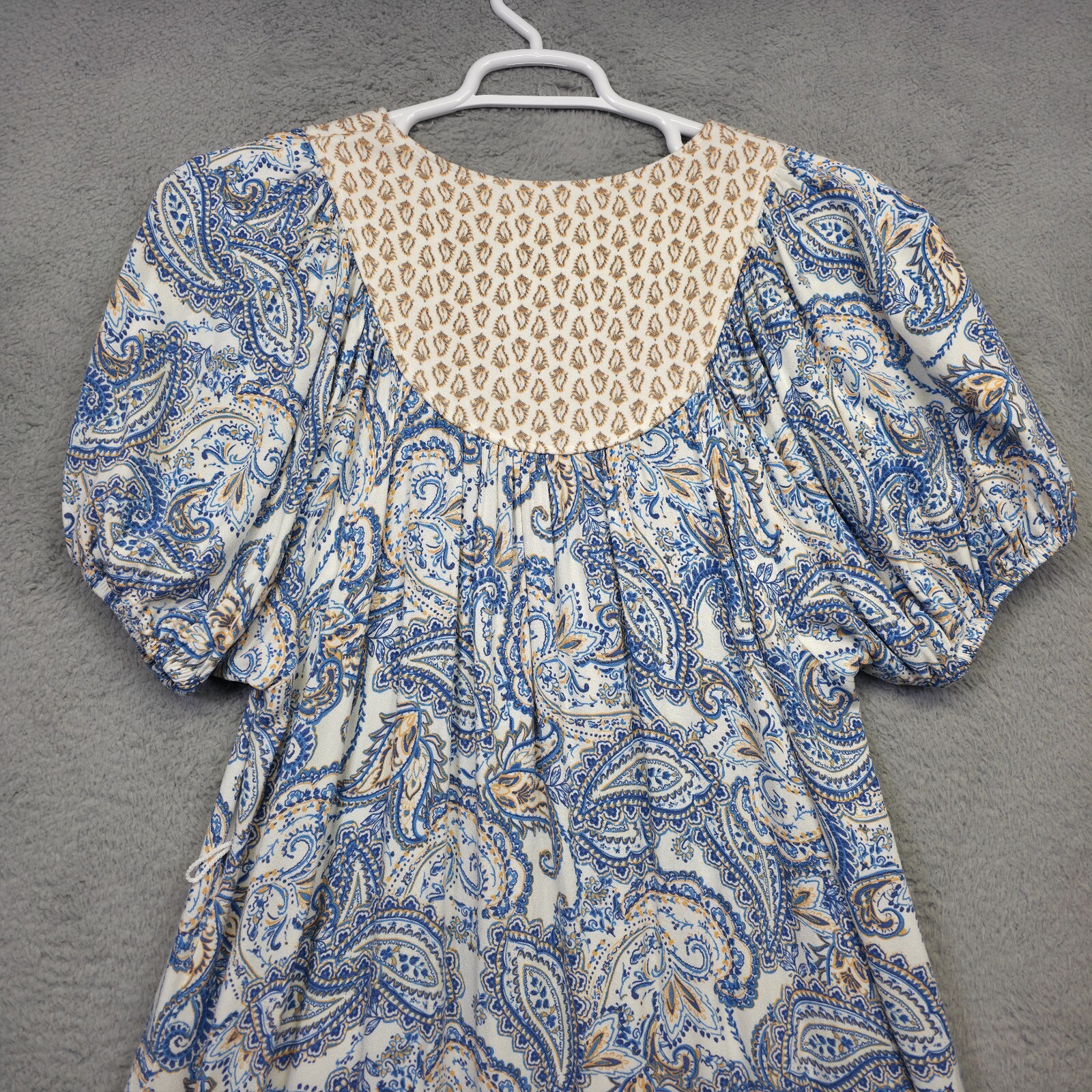 Lucky Brand Dress Womens M White Blue Puff Sleeve Paisley Flow Boho Tunic Short