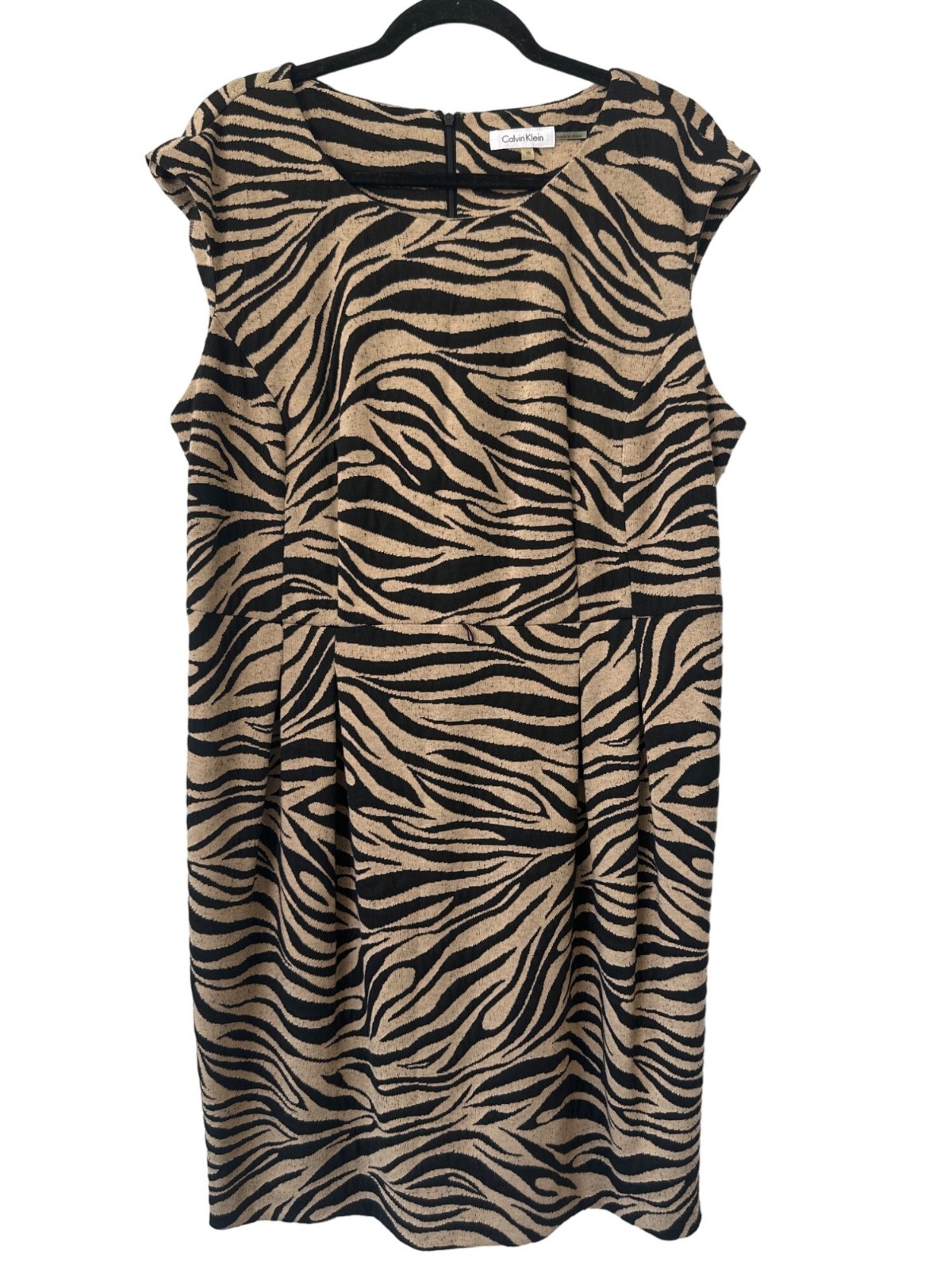 Calvin Klein Dress Size 16 Zebra Stripe Sheath Black Tan Animal Print Workwear