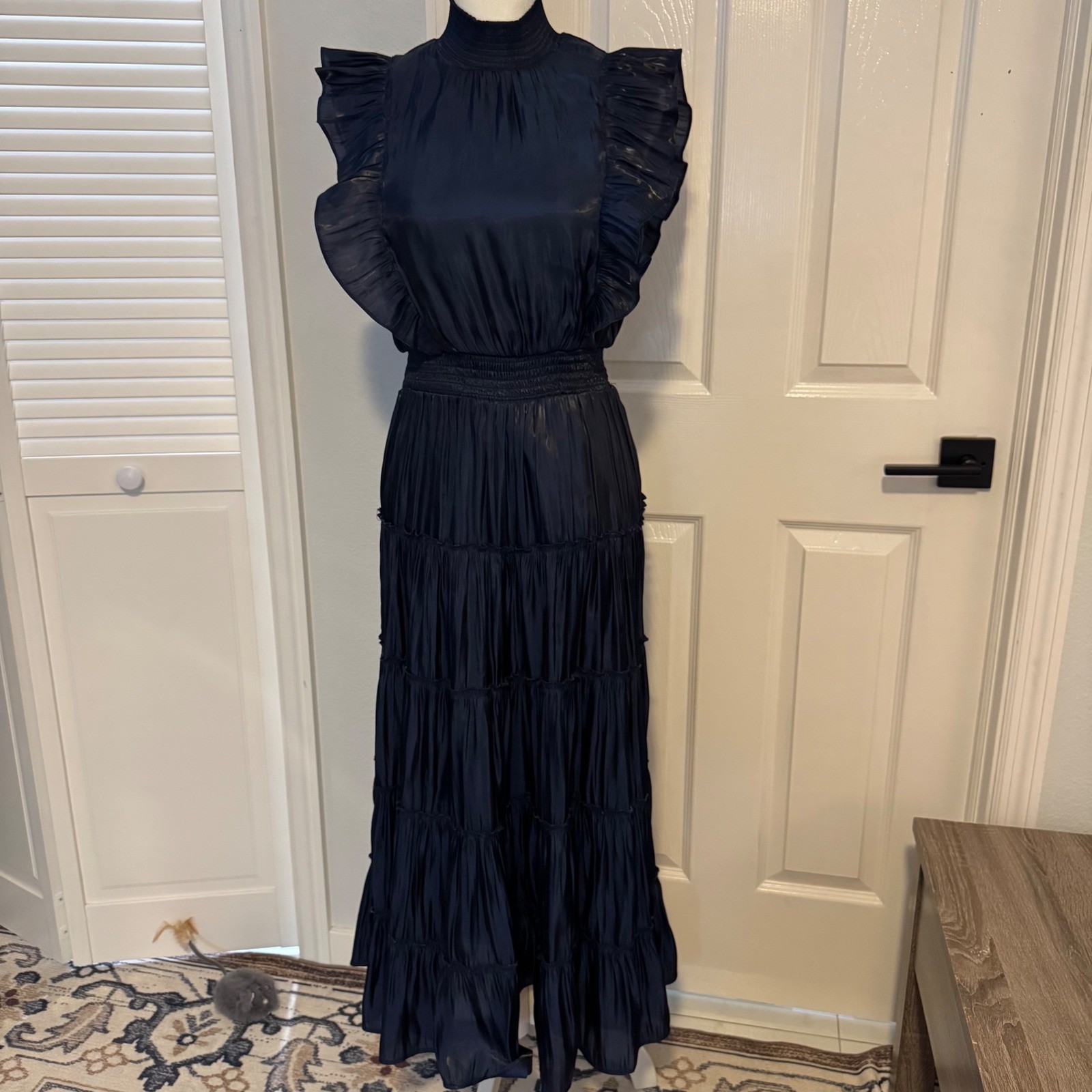 Lulus Navy Blue Satin Ruffle Tiered Maxi Dress Smocked Waist High Neck Small