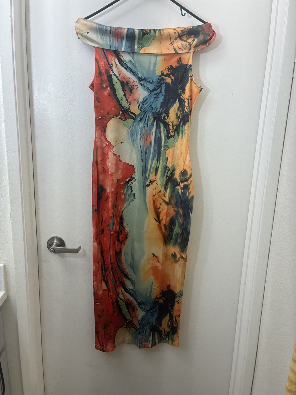 Abstract Watercolor Cowl Neck Midi Dress Women Small Multicolor Stretch