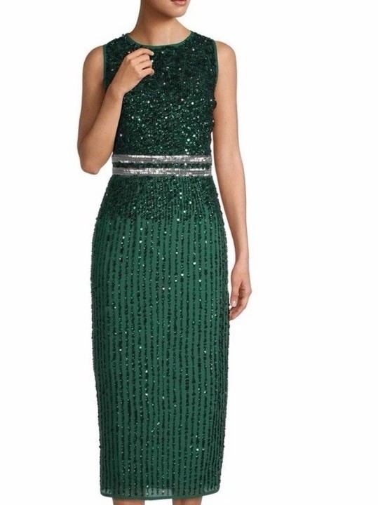 NWT Mac Duggal Womens Green Sequined High Neck Midi Cocktail Dress Size 6 Flaw