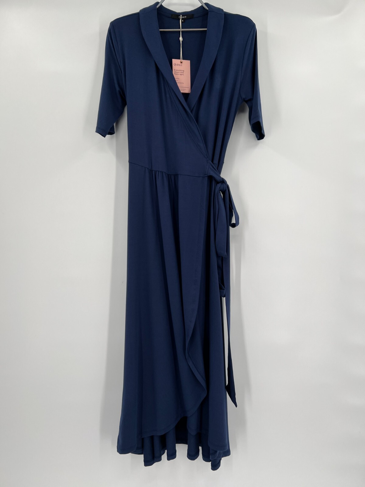 Quince Womens Navy Blue Tencel Jersey True Wrap Dress Midi sz S NWT Short Sleeve