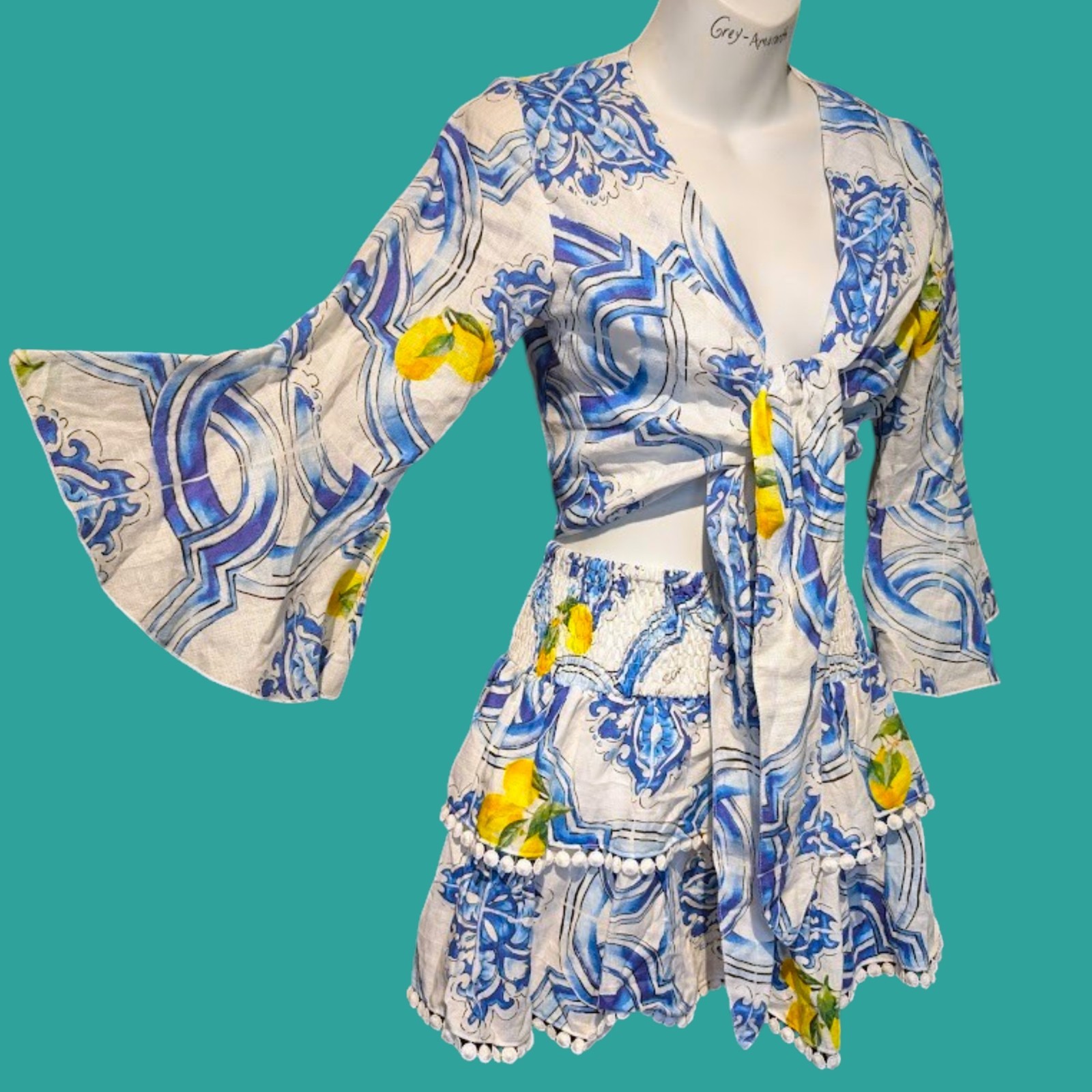 LUISA POSITANO 2pc Dress Wrap Crop Top/ Tiered Mini Skirt Set Sicilian Lemon 4E