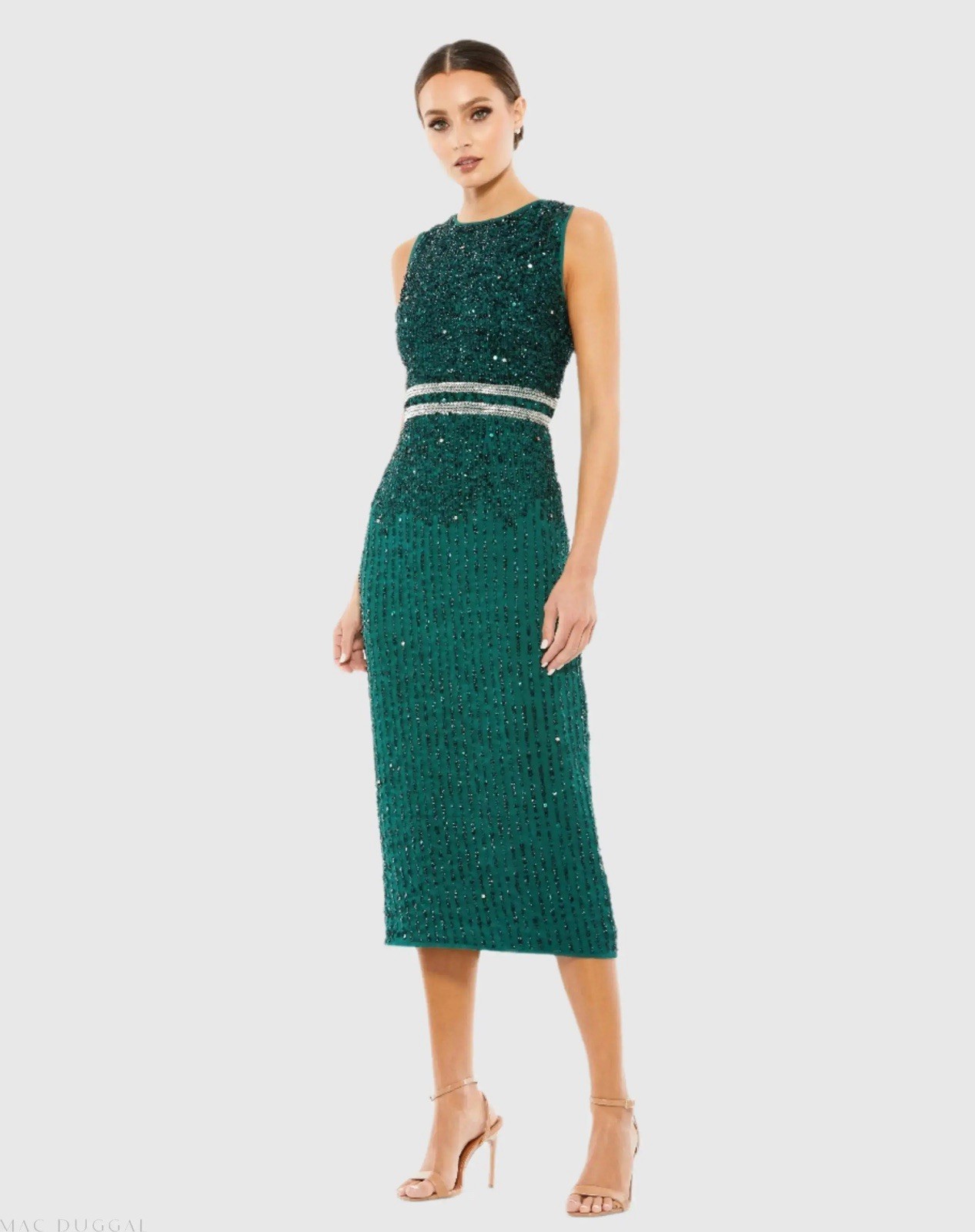 NWT Mac Duggal Womens Green Sequined High Neck Midi Cocktail Dress Size 6 Flaw