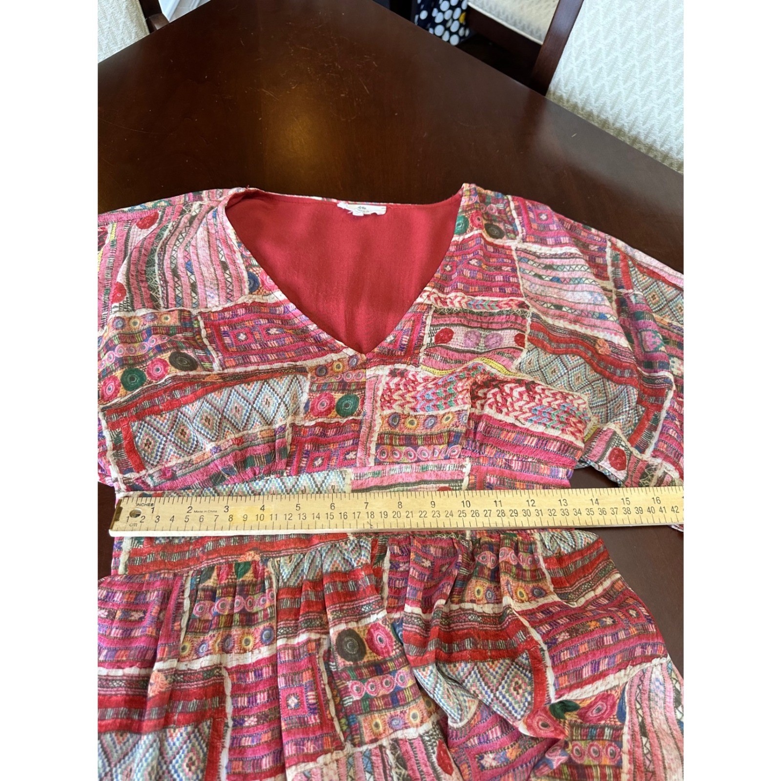 Entro Pink Red Print V-Neck Tiered Maxi Dress Small D22476 Boho Smocked