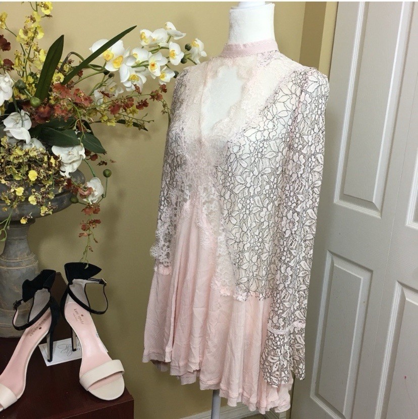 Free People Tell Tale Lace Secret Origins Swing Long Sleeve Tunic Dress Sz S