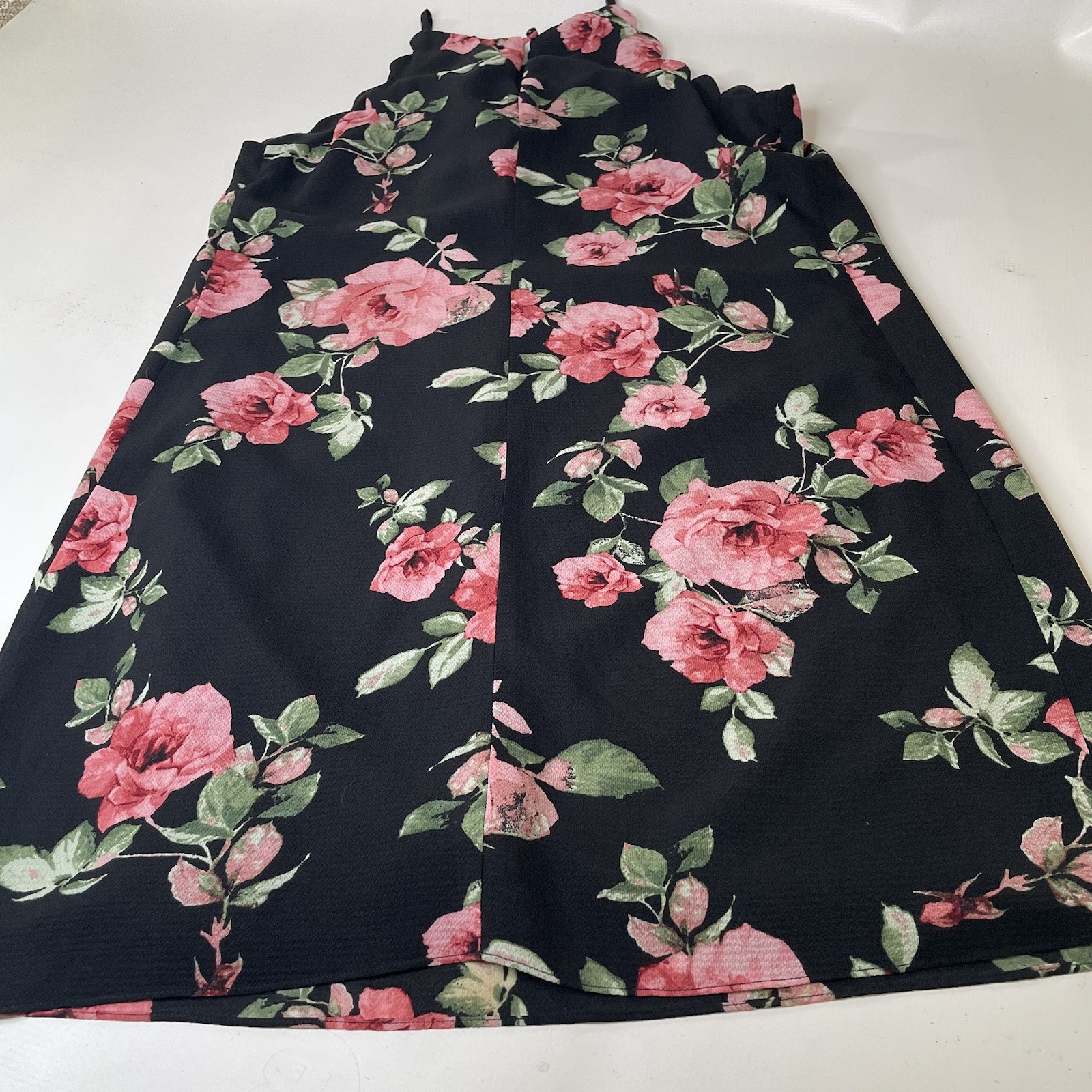IZ Byer Women’s Size M Black Pink Green Floral Chiffon V-Neck Midi Dress
