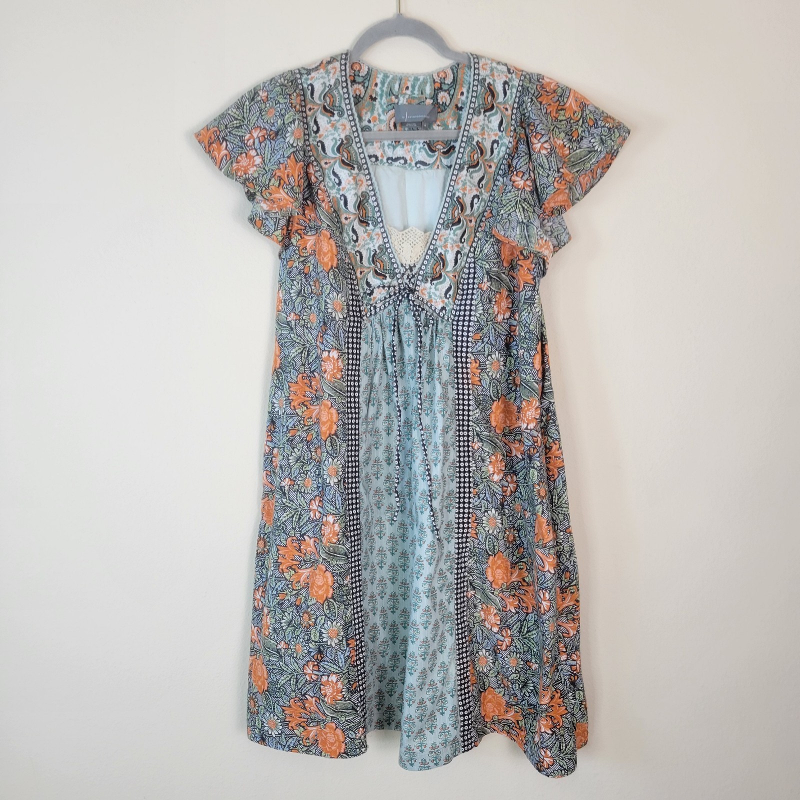 Anthropologie Sz M Astrid Tunic V Neck Floral Printed Lace Flutter Sleeve Dress