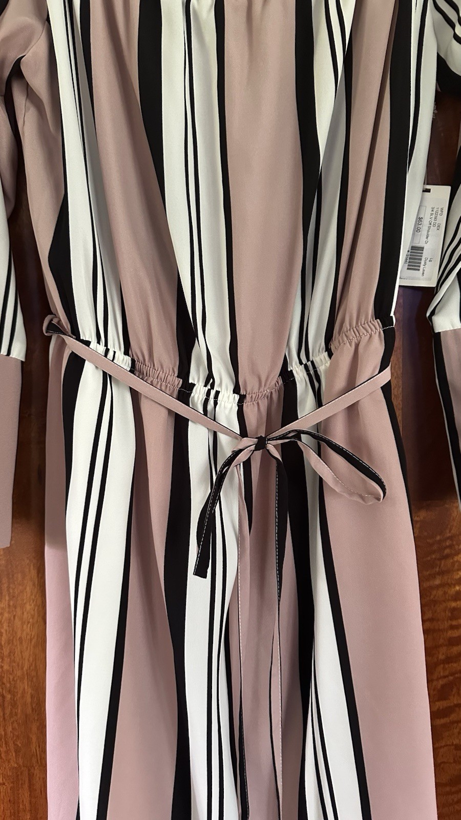 DEX Striped Off Shoulder A-Line Short Dress L Belted Tie Waist Pink Black