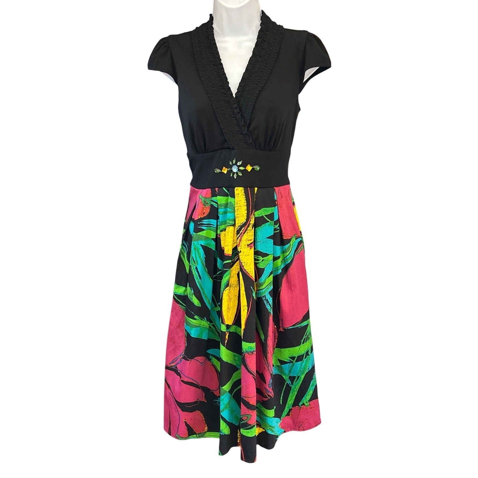 Modern Sangria Fit Flare Dress Tropical Neon Floral Summer Party Rhinestone Sz 8