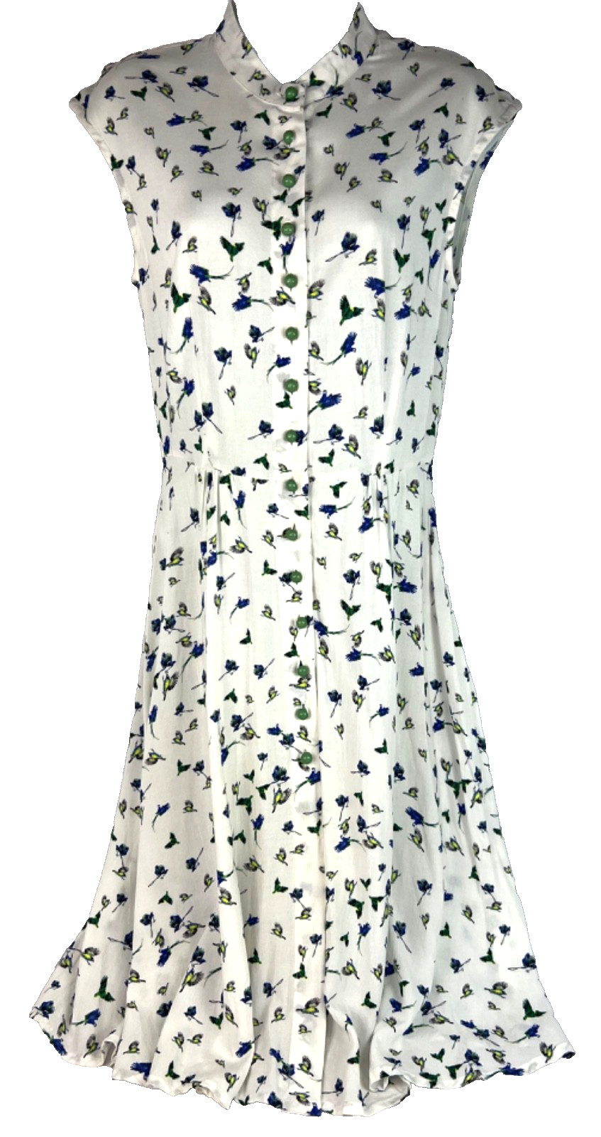 MIDINETTE Dress S? White/Blue Birds Cap Sleeves Stand-up Collar Half Dome Button