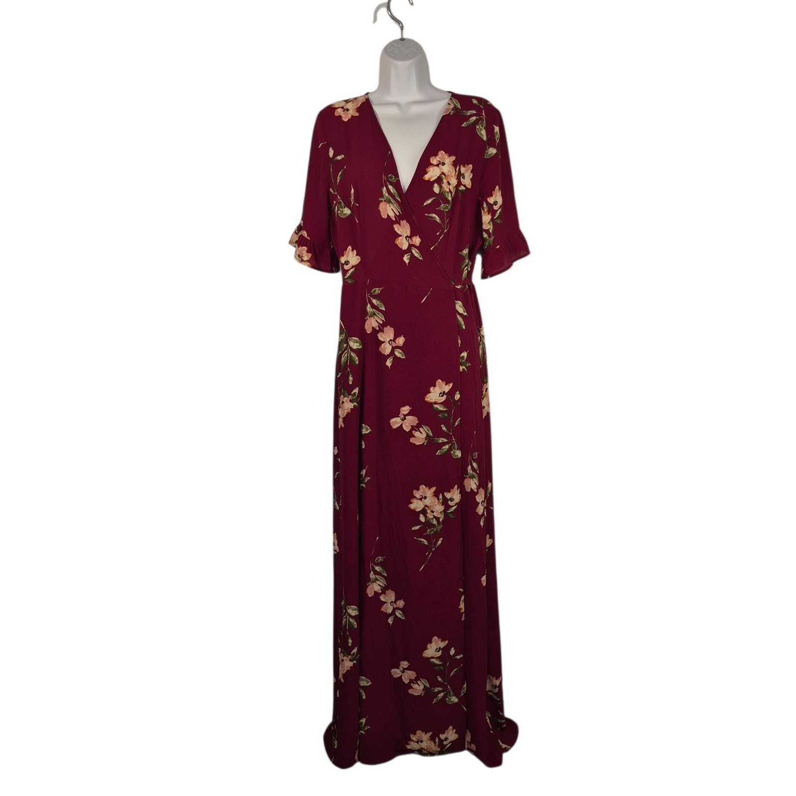 Lulu’s September Sunsets Women’s Maxi Dress Sz L Burgundy Floral Print Wrap FLAW