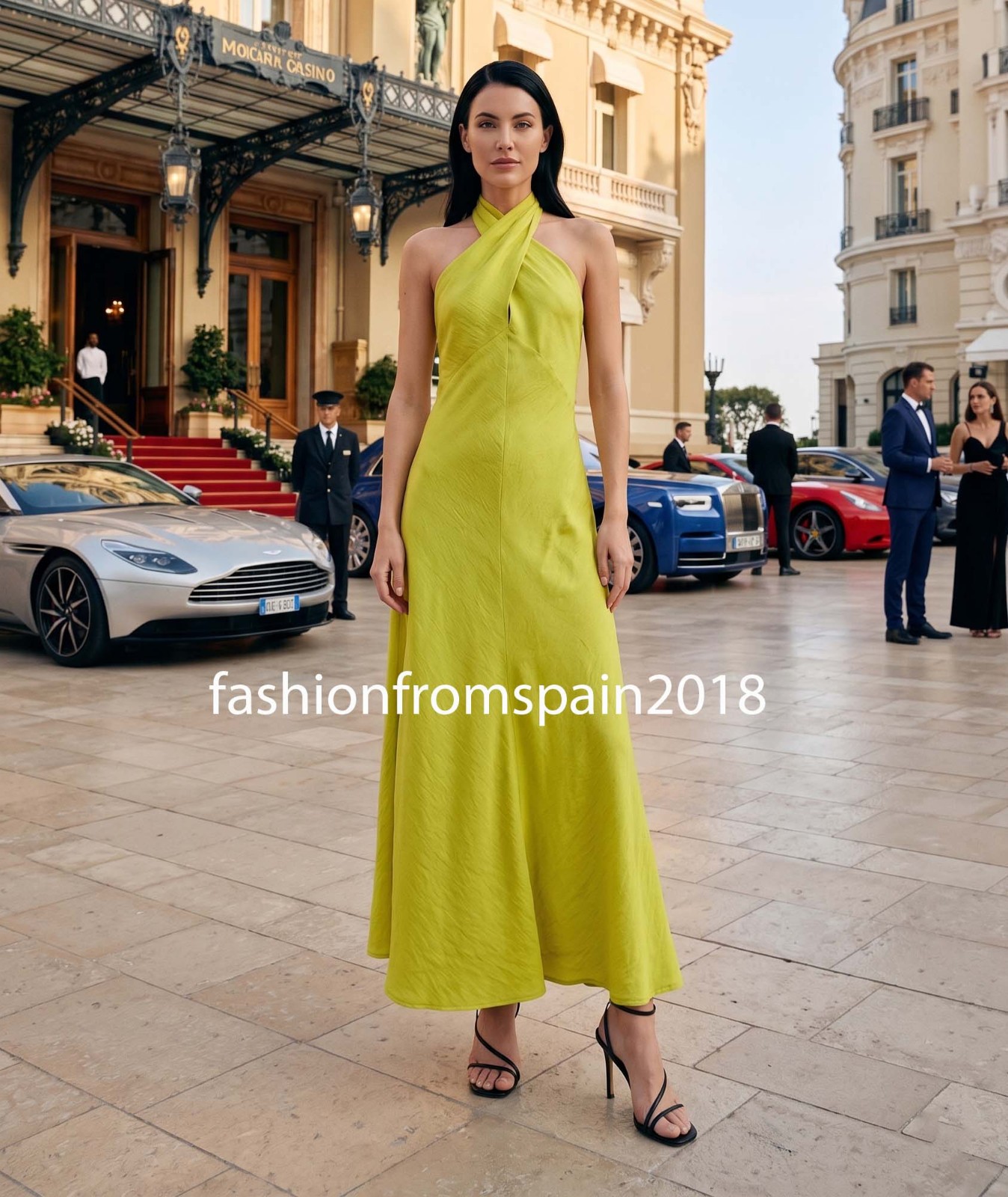 ZARA NEW WOMAN LINEN WRAP HALTER MIDI DRESS OPEN-BACK LIME GREEN 8741/230/520